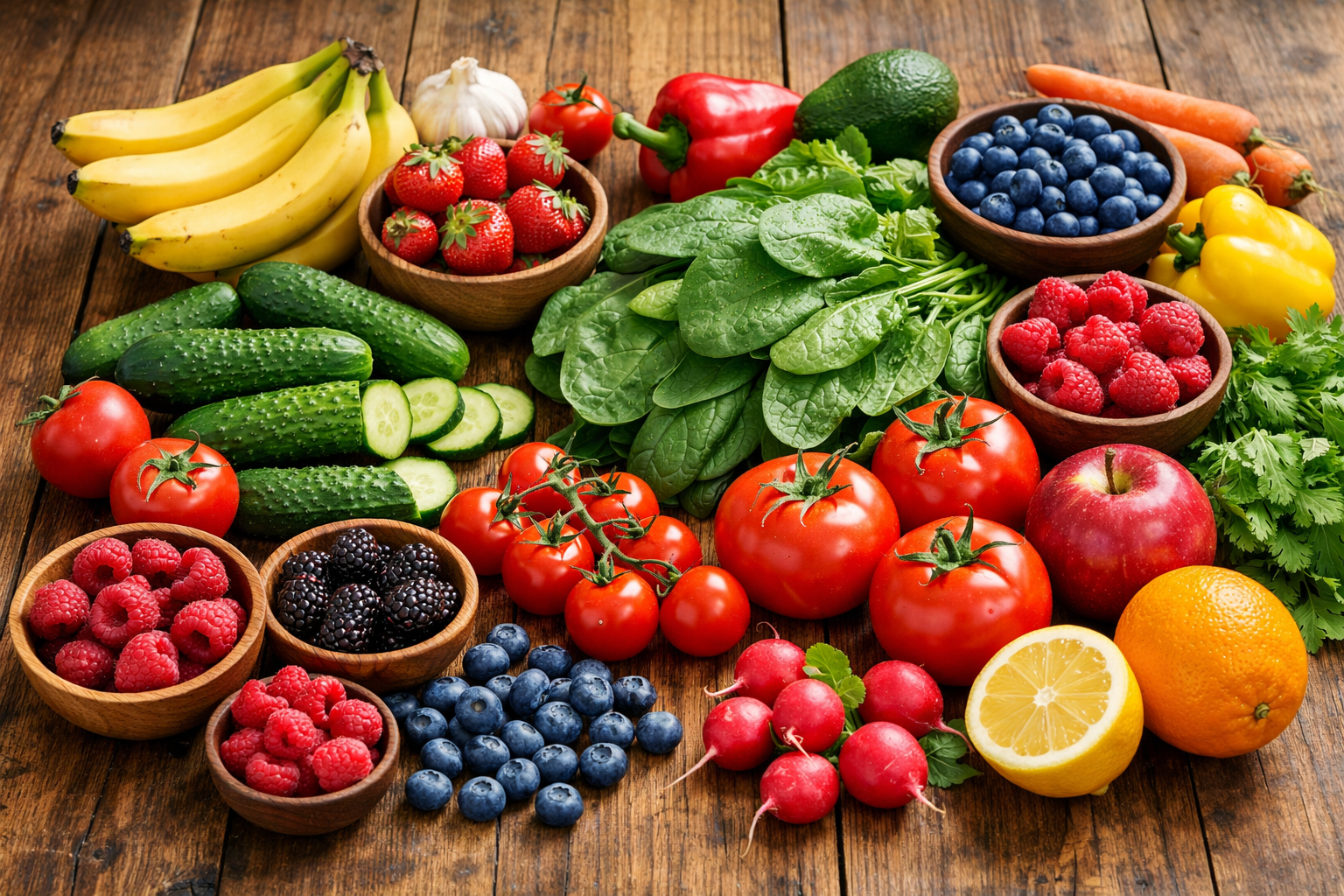 Fresh colorful vegetables and fruits arranged on a wooden table, including tomatoes, cucumbers, spinach, bananas, and berries, natural lighting, healthy lifestyle concept