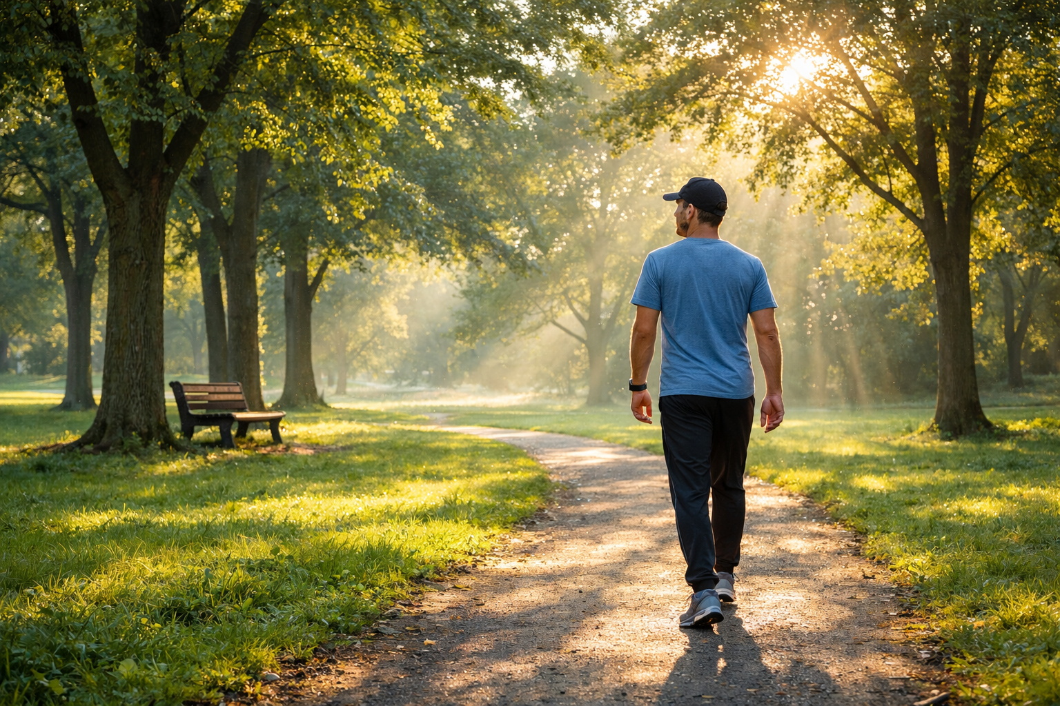 Person walking peacefully in a green park during morning hours, sunlight filtering through trees, calm atmosphere, outdoor exercise concept
